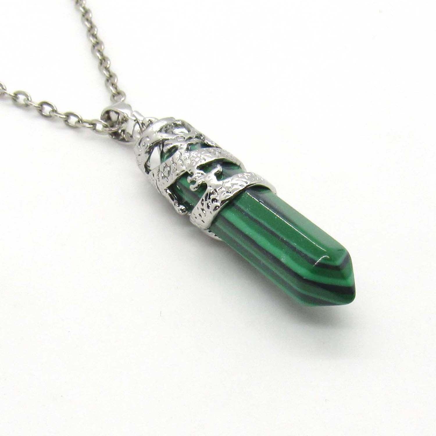 Synthetic Malachite Pendant Necklace, Silver Tone Dragon Wrap Detail