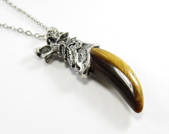 Wolf Head Tigers Eye Tooth Pendant Necklace, Tigers Eye Gemstone, Wolf Tooth Pendant, Men's Necklace, Women's Necklace, Tribal Necklace