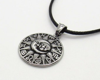 Sun Moon Astrological Signs Pendant, Stainless Steel Hypo Allergenic Jewelry, Celestial Jewelry, Men's Corded Necklace, Woman Necklace