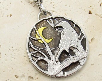Crow and Moon Pendant, Retro Crow in Tree Moon Pendant, Men's Necklace, Women's Necklace, 18" SM Flat Link Chain with extension