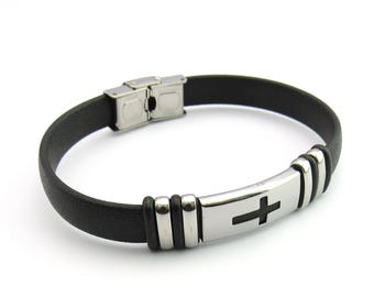 Black Silicone Adjustable Length Bracelet with 304 Stainless Steel Cross Detail, 8 1/2", Men's Black Silicone Bracelet, Women's Bracelet