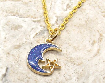 Gold Crescent Moon with Star Galaxy Pendant, Celestial Jewelry, Dk Blue Moon Star Pendant, Men's Necklace, Woman's Necklace, Women's Jewelry
