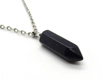 Synthetic Blue Goldstone Gemstone Bullet Point Pendant Necklace, Synthetic Blue Goldstone Pendant Necklace, Men's Necklace, Women's Necklace