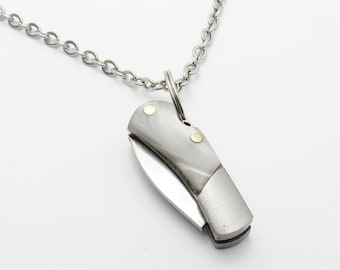 Mini Stainless Steel Pocket Knife Pendant Necklace, Platinum Acrylic Insert Pocket Knife, Men's Necklace, Gift for Men, Pocket Knife Charm