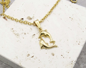 Gold Tone Dolphin Pair Charm Pendant, Men's Necklace, Hypo Allergenic Jewelry, Woman's Necklace, 304 Stainless Steel Charm Pendant