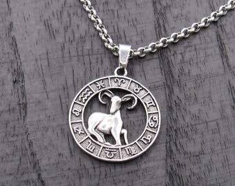 Aries Zodiac Sign Pendant Necklace, Men's Necklace, Astrological Pendant, Men's Jewelry, Stainless Steel Jewelry, Woman's Necklace, Ram Sign