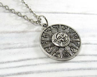 Sun and Moon Astrological Signs Pendant Necklace, Zodiac Signs Pendant, Astrology Pendant Necklace, Woman's Necklace, Men's Necklace