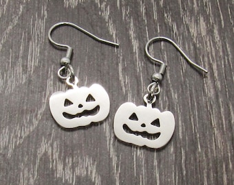 Stainless Steel Happy Pumpkin Charm Earrings, Hypo Allergenic Jewelry, Woman's Halloween Earrings, Pumpkin Charm Halloween Earrings