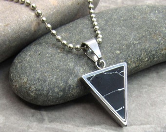 Stainless Steel Triangle, Black Dyed Turquoise Pendant, Hypo Allergenic Stainless Steel Jewelry, Men's Necklace, Woman Necklace