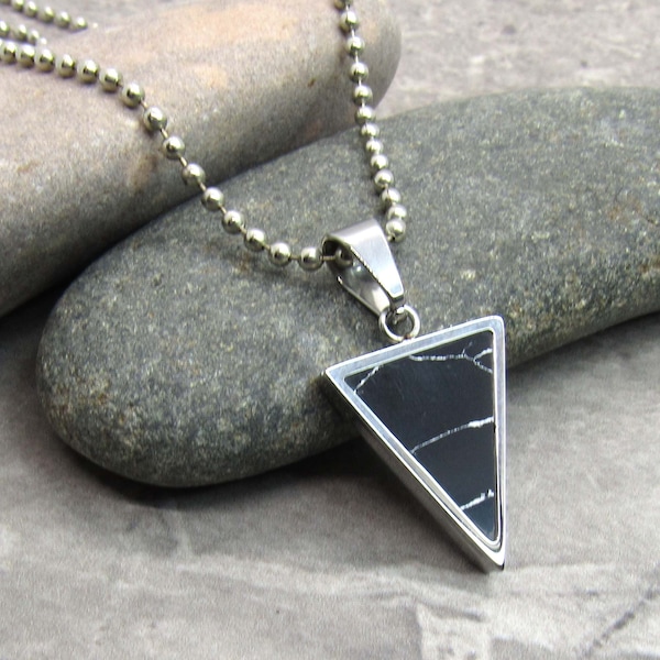 Stainless Steel Triangle, Black Dyed Turquoise Pendant, Hypo Allergenic Stainless Steel Jewelry, Men's Necklace, Woman Necklace