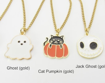 Gold Halloween Charm Necklace, Ghost, Pumpkin, Black Cat, Wizard Hat, Halloween Jewelry, Halloween Costume Jewelry, Trick or Treat Charms