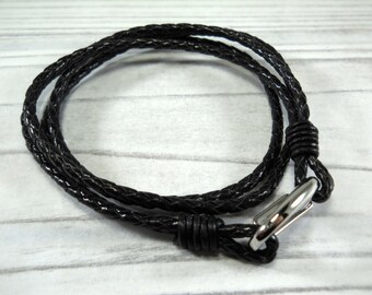 Black Woven Leather Double Wrap Bracelet, Silver Tone Lobster Clasp, Men's Bracelet, Gift for Men, Men's Jewelry, Women's Bracelet