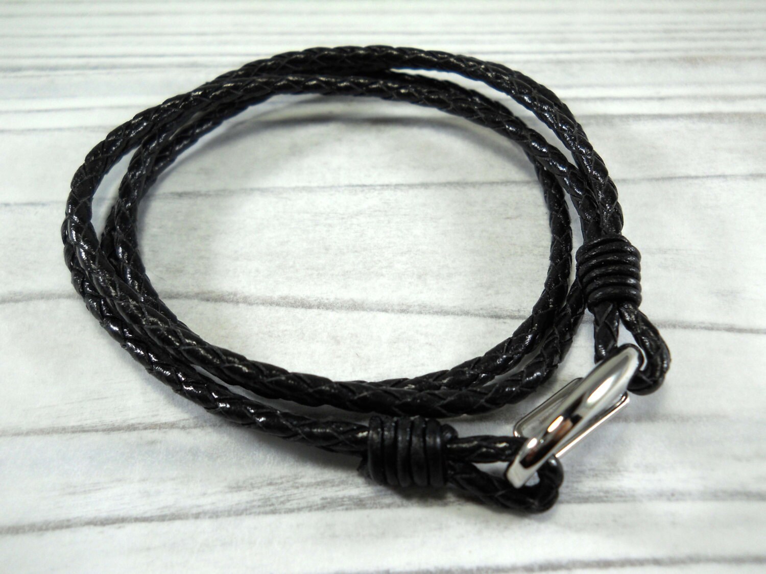 Braided Leather Rope Bracelet - Double Wrap - Black