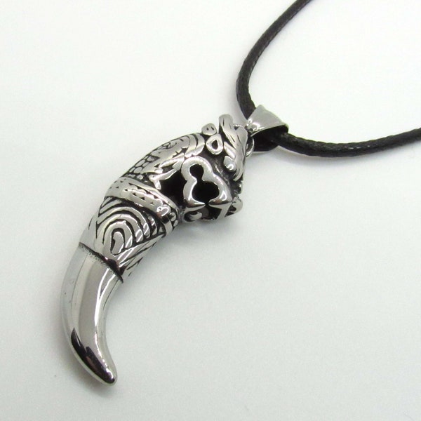 Stainless Steel Wolf Tooth Shape Pendant Necklace, Hypo Allergenic Jewelry, Cord Necklace, Men's Necklace, Men's Jewelry, Women's Necklace