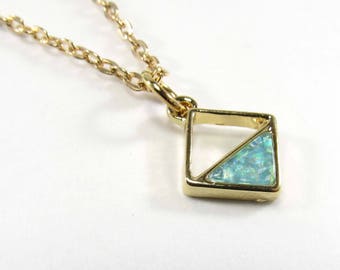 Gold Plated Mint Green Rhombus Charm Pendant, Geometric Design Necklace, Rhombus Pendant, Men's Necklace, Men's Jewelry, Women's Necklace