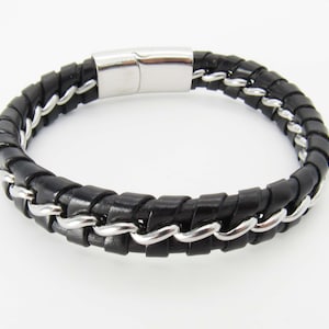 Black with Chain Cable Braided Leather Cord Bracelet, 304 Stainless Steel Magnetic Clasp, Men&#39;s Leather Bracelet, Women&#39;s Bracelet
