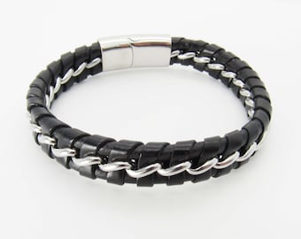 Black with Chain Cable Braided Leather Cord Bracelet, 304 Stainless Steel Magnetic Clasp, Men's Leather Bracelet, Women's Bracelet