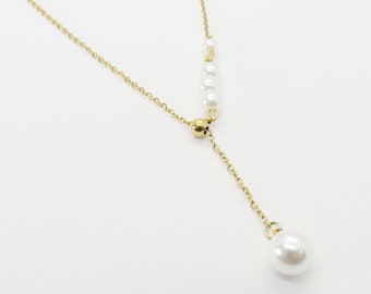 Stainless Steel Gold Chain Imation Pearl Beads Lariat Pendant, Gold Link Chain, Women's Necklace, Lariat Charm Jewelry, Gift for Women