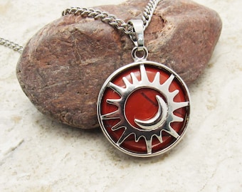 Sun & Moon with Red Jasper Pendant Necklace, Men's Gemstone Necklace, Jasper Stone Pendant Necklace, Women's Necklace, Celestial Jewelry