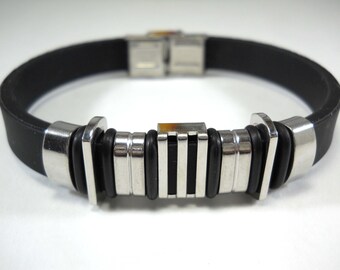 304 Stainless Steel and Black Bands Silicone 8 1/2" Men's Bracelet, Gift for Men, Men's Jewelry, Fashion Bracelet