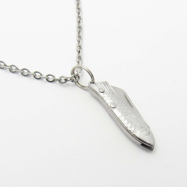 Mini Fish Stainless Steel Pocket Knife Pendant Necklace, Silver color Pocket Knife, Men's Necklace, Gift for Men, Pocket Knife Charm Pendant