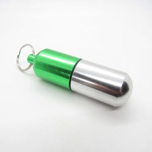 Green Aluminum Pill Bottle Key Ring, Pill Shape Key Ring, Large Pill Bottle with water tight rubber gasket, Camping Supply, Stash Container