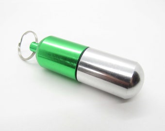 Green Aluminum Pill Bottle Key Ring, Pill Shape Key Ring, Large Pill Bottle with water tight rubber gasket, Camping Supply, Stash Container