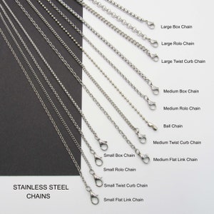 May include: A variety of stainless steel chains in different styles and sizes, including box, rolo, ball, and twist curb chains. The chains are arranged vertically on a white background with the names of each chain type listed to the right.