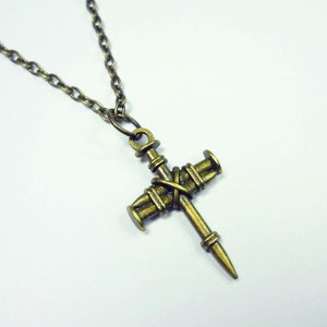 Nail Cross Pendant, Antique Bronze Tone, Men&#39;s Necklace, Women&#39;s Necklace, Antique Bronze Tone Chain