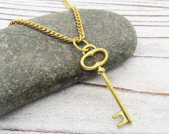 Vintage Style Gold Tone Key Pendant, Antique Gold Tone Small Key Charm, Men's Necklace, Women's Necklace, Gift for Women, Men's Jewelry