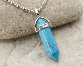 Faceted Bullet Cut Blue Turquoise Gemstone Pendant, Synthetic Blue Turquoise Gemstone Necklace, Men's Necklace, Women's Necklace