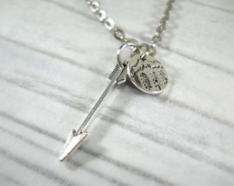 Mountain and Trees Round Tag & Arrow Pendant Necklace, Antique Silver Tone, Men's Necklace, Men's Jewelry, Women's Necklace