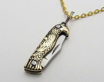 Stainless Steel Mini Eagle Pocket Knife Pendant Necklace, Gold tone color Pocket Knife, Men's Necklace, Gift for Men, Pocket Knife Charm