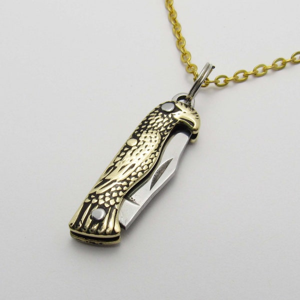 Stainless Steel Mini Eagle Pocket Knife Pendant Necklace, Gold tone color Pocket Knife, Men's Necklace, Gift for Men, Pocket Knife Charm