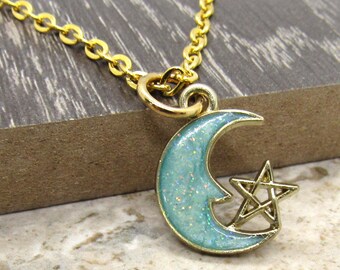 Gold Galaxy Crescent Moon with Star Pendant, Celestial Jewelry, Blue Moon Star Pendant, Men's Necklace, Woman's Necklace, Women's Jewelry