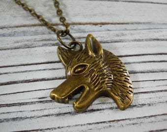 Wolf Head Pendant Necklace, Antique Bronze Wolf Pendant, Wolf Necklace, Wolf Jewelry, Animal Necklace, Men's Necklace, Woman's Necklace