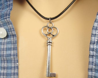 Vintage Style Key Pendant, Antique Silver Tone, Antique Silver Tone Corded Key Charm, Women's Necklace, Gift for Women, Men's Necklace