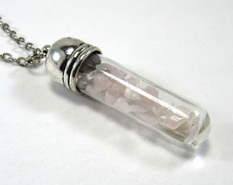 Druzy Rose Quartz Crystal Chips Glass Bottle Pendant, Chakra Necklace, Healing Crystal, Rose Quartz Necklace, Women's Necklace