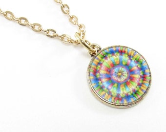 Glass Buddhism Mandala Design Necklace, Gold Toned Spiritual Pendant, Chakra Mandala Pendant, Men's Jewelry, Men's or Women's Necklace