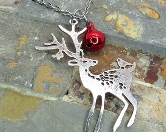 Reindeer Pendant with Jingle Bell Antique Silver Necklace, Reindeer Charm, Rudolph Pendant, Woman's Necklace, Men's Necklace
