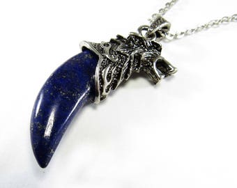 Lapis Lazuli Gemstone Wolf Head Tooth Pendant Necklace, Animal Pendant Necklace, Lapis Gemstone Necklace, Men's Necklace, Women's Necklace