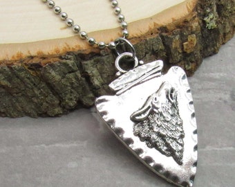 Wolf Arrowhead Pendant Necklace, Men's Necklace, Men's Jewelry, Tribal Jewelry, Native Pendant, Woman Necklace