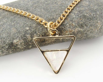 Gold Toned Triangle Charm Synthetic Opal, Geometric Design Necklace, Open Triangle Pendant, Men's Necklace, Men's Jewelry, Women's Necklace