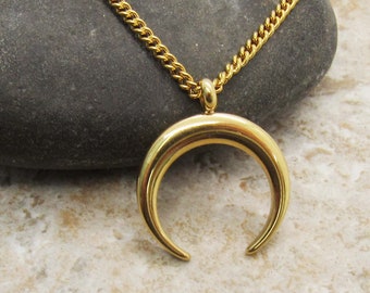 Stainless Steel Gold Tone Crescent Pendant Necklace, Men's Necklace, Hypo Allergenic Jewelry, Woman's Necklace, Crescent Pendant Jewelry