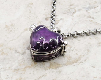 Purple Heart Wish Box with Hinged Lid, Brass with Enamel Color, Pill Box Necklace, Heart Locket Necklace, Gift for Women, Women's Necklace,