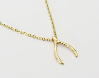 Wish Bone Charm Gold Plated Stainless Steel Pendant, Gold Link Chain with Extension, Women's Necklace, Lucky Charm Jewelry, Gift for Women