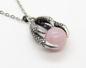 Eagle Claw Pendant with Rose Quartz Gemstone Bead Necklace, Antique Silver Tone, Women's Necklace, Gemstone Pendant, Tribal Jewelry