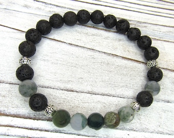 Black Lava Rock Beads Bracelet, Natural Agate Mixed Color Beads, Silver Beads Bracelet, Men's Bracelet, Woman's Bracelet, Men's Jewelry