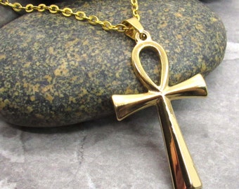 Stainless Steel Gold Tone Ankh Pendant, Hypo Allergenic Jewelry, Spiritual Jewelry, Men's Necklace, Men's Jewelry, Woman's Necklace