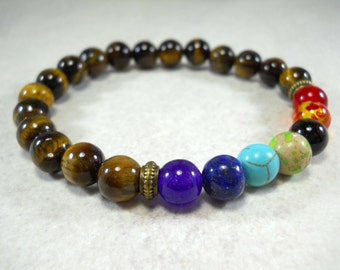 Tiger's Eye 8mm Chakra Bracelet with Multi Color Beads, Elastic Cord, Men's Bracelet, Men's Jewelry, Gift for Men, Women's Bracelet